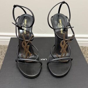 Saint Laurent CASSANDRA Black Strappy Heeled Sandals with Gold YSL size 38.5